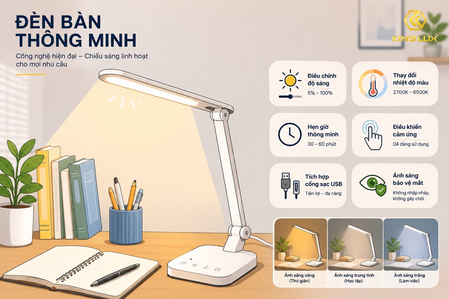 Đèn bàn thông minh tích hợp nhiều tính năng phù hợp với các mục đích khác nhau của người dùng