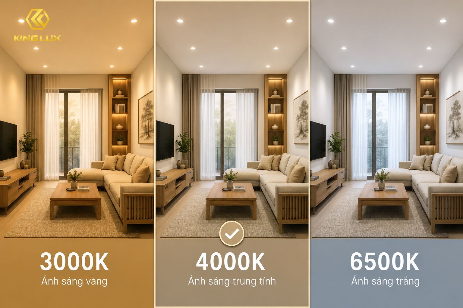 Phòng khách nên chọn nhiệt độ màu 4000K giúp đảm bảo độ sáng và tạo cảm giác dễ chịu
