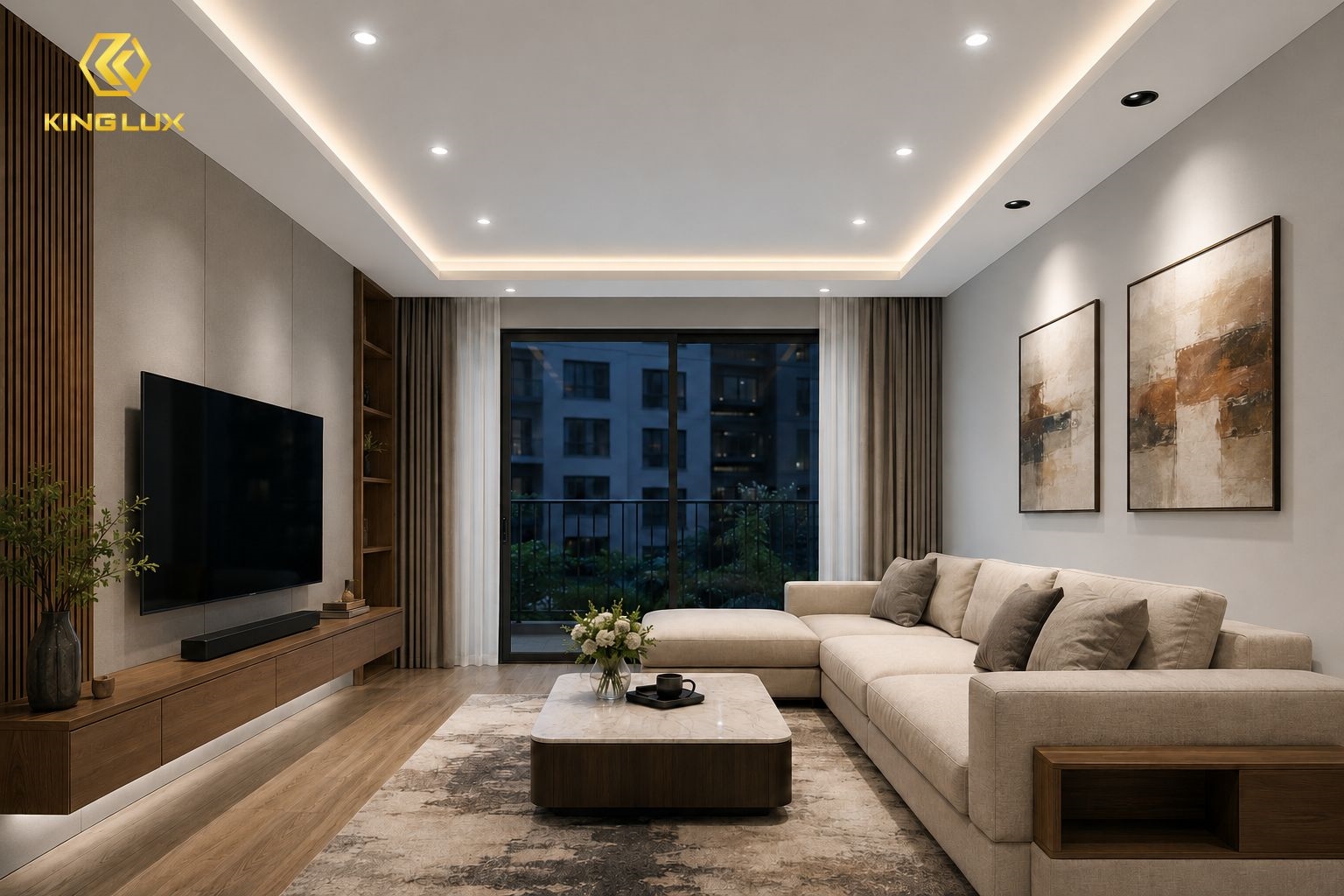 Kết hợp đèn downlight với đèn trang trí giúp không gian phòng khách ấn tượng, có chiều sâu hơn