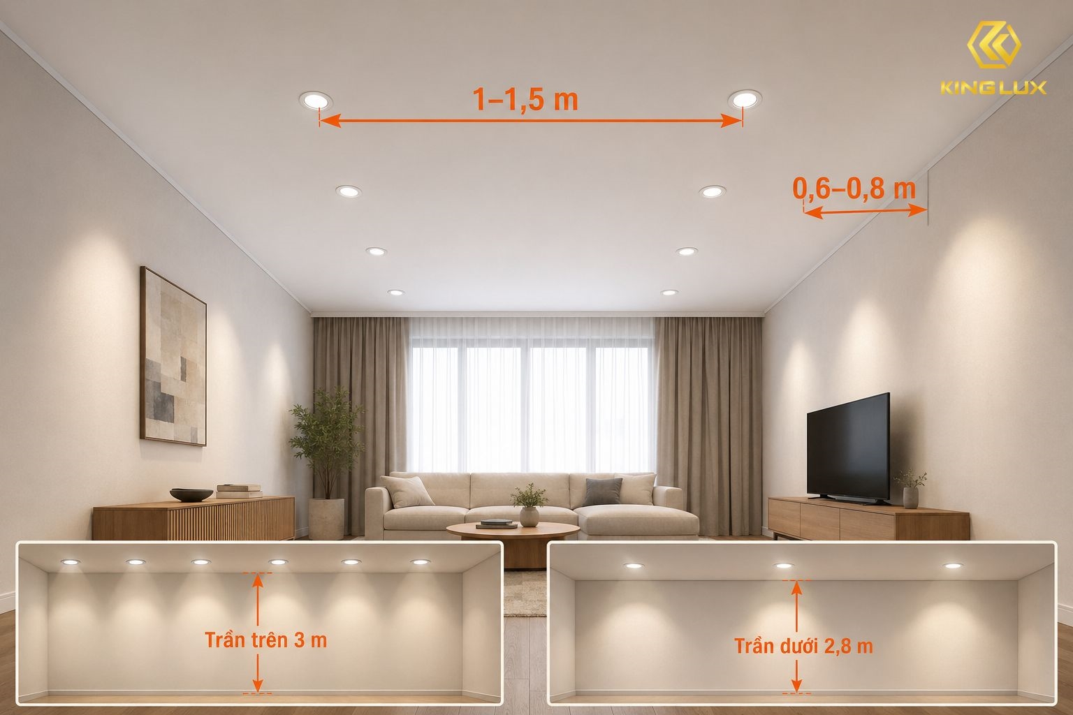 Bố trí khoảng cách giữa đèn downlight cho phòng khách