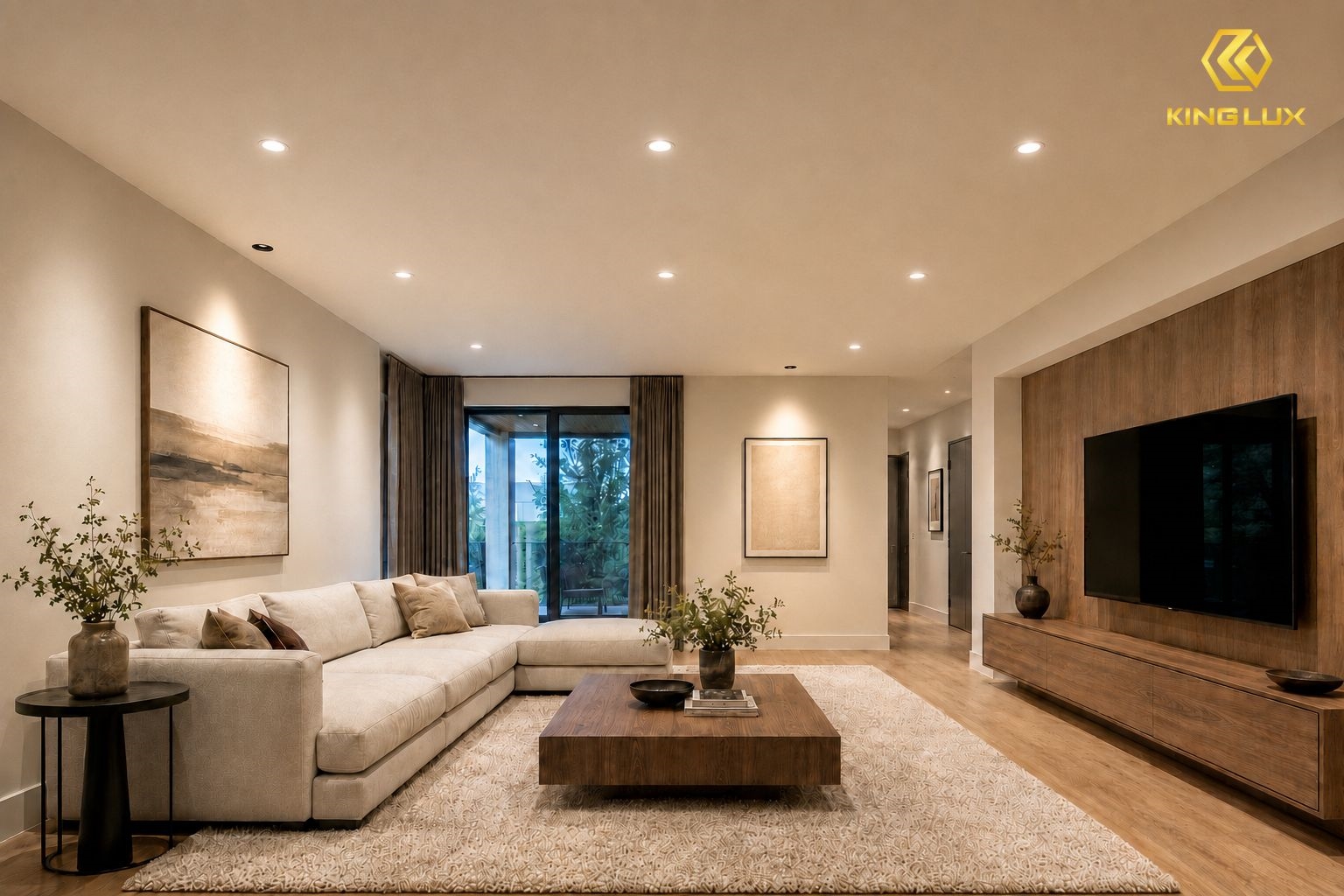 Sử dụng đèn downlight giúp phòng khách được chiếu sáng đồng đều, tạo cảm giác dễ chịu