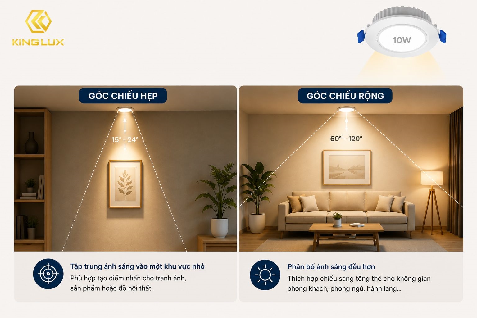 Góc chiếu cũng là một trong những yếu tố ảnh hưởng đến diện tích chiếu sáng của đèn LED 10W