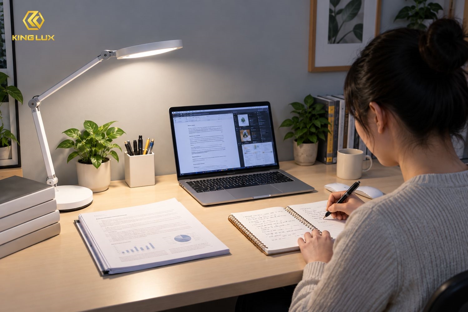 Làm việc chủ yếu với laptop cần quan tâm đến đèn bàn có khả năng điều chỉnh độ sáng và hướng chiếu