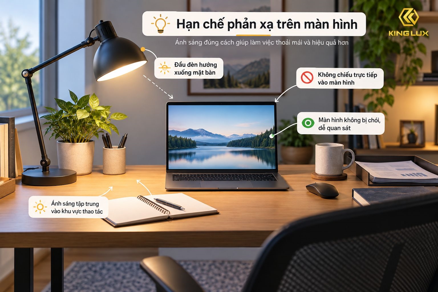 Làm việc với máy tính nên chọn đèn có thể điều chỉnh hướng chiếu