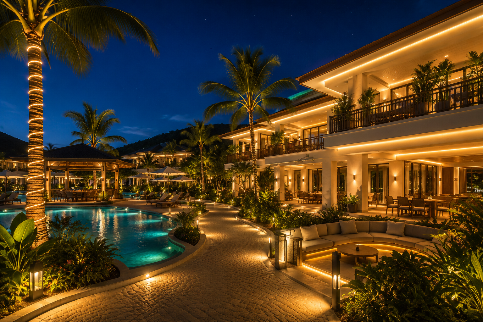 Đèn LED không những chiếu sáng cho resort mà còn giúp tăng tính thẩm mỹ