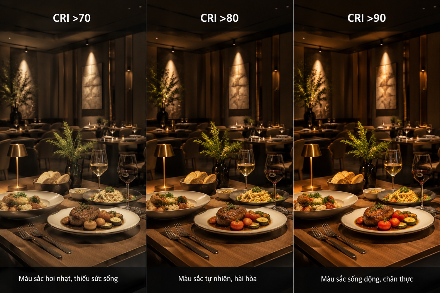 Nên chọn đèn spotlight có CRI > 90 để hiển thị màu sắc món ăn chân thực, hấp dẫn
