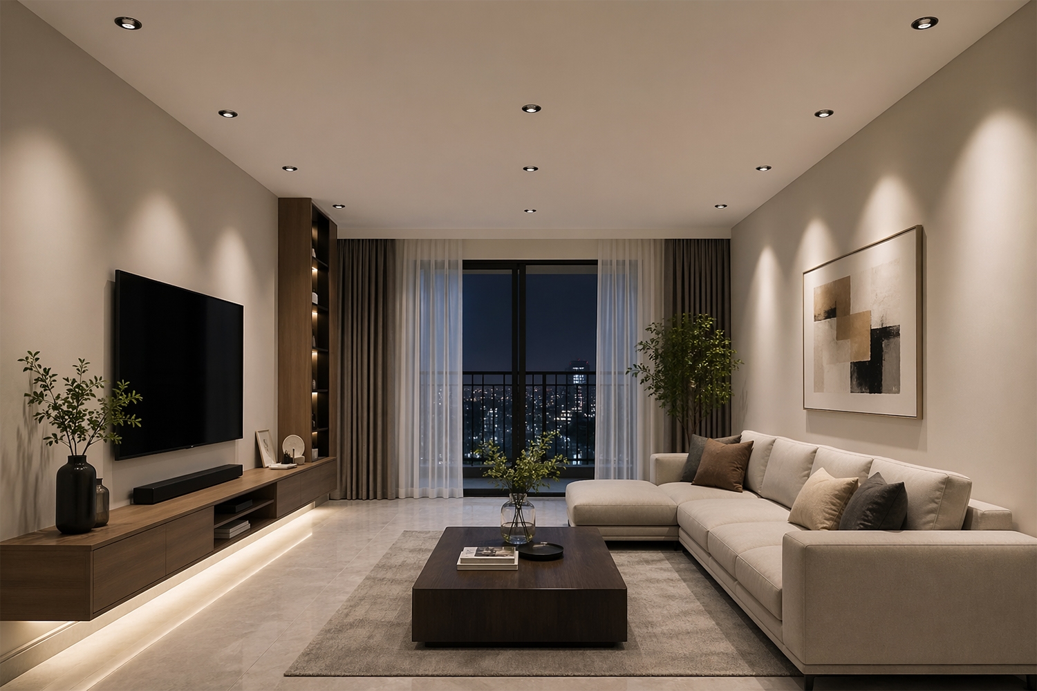Phòng khách sử dụng đèn downlight chống chói giúp ánh sáng dịu, tập trung, sang trọng