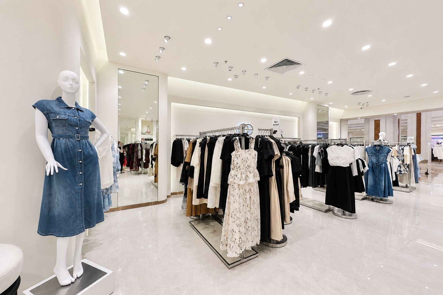Showroom thời trang dùng đèn spotlight để làm nổi bật sản phẩm và downligh chiếu tổng thể