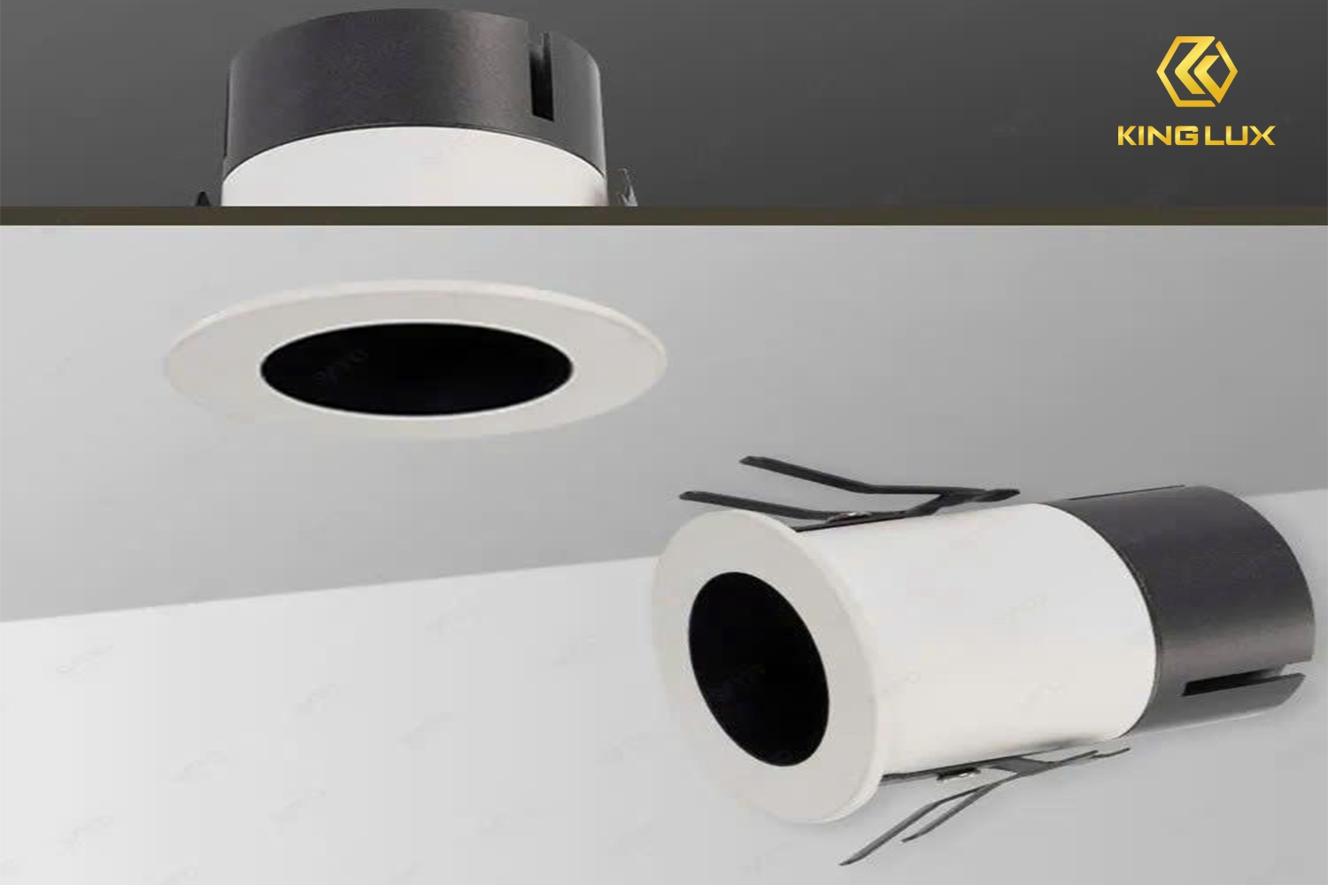 Đèn spotlight âm trần có góc chiếu hẹp, được lắp chìm trong trần, chỉ lộ phần mặt đèn ra ngoài