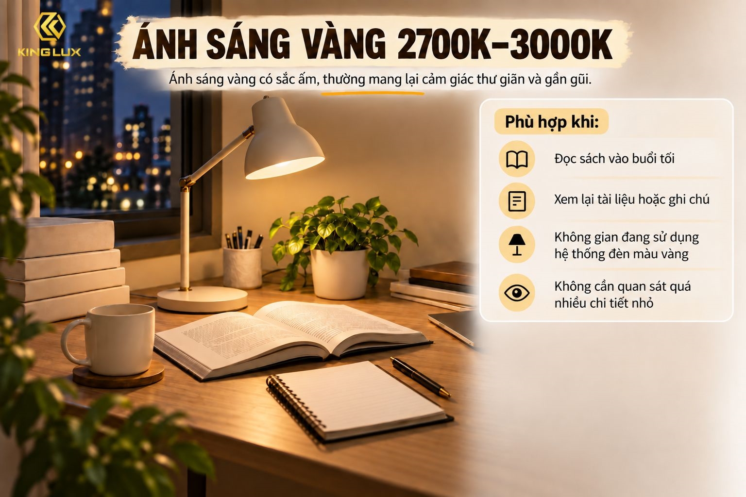 Đèn bàn học với ánh sáng vàng 2700K-3000K