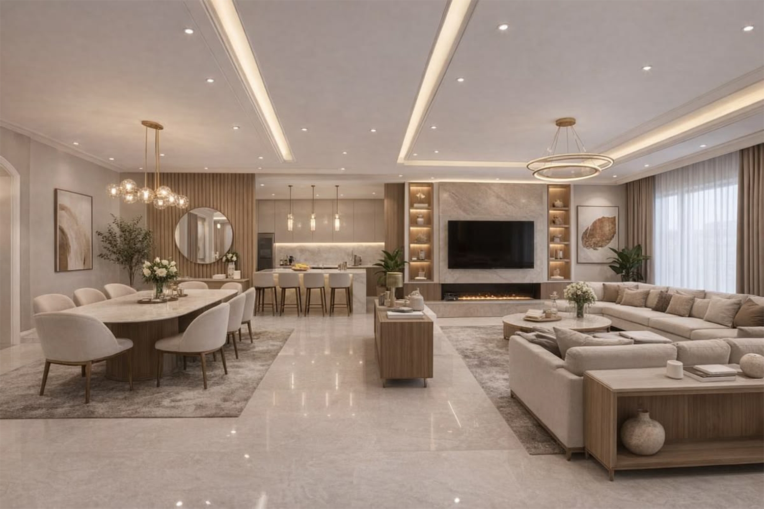 Đèn downlight được lắp đặt trong phòng khách giúp không gian gọn gàng, sang trọng