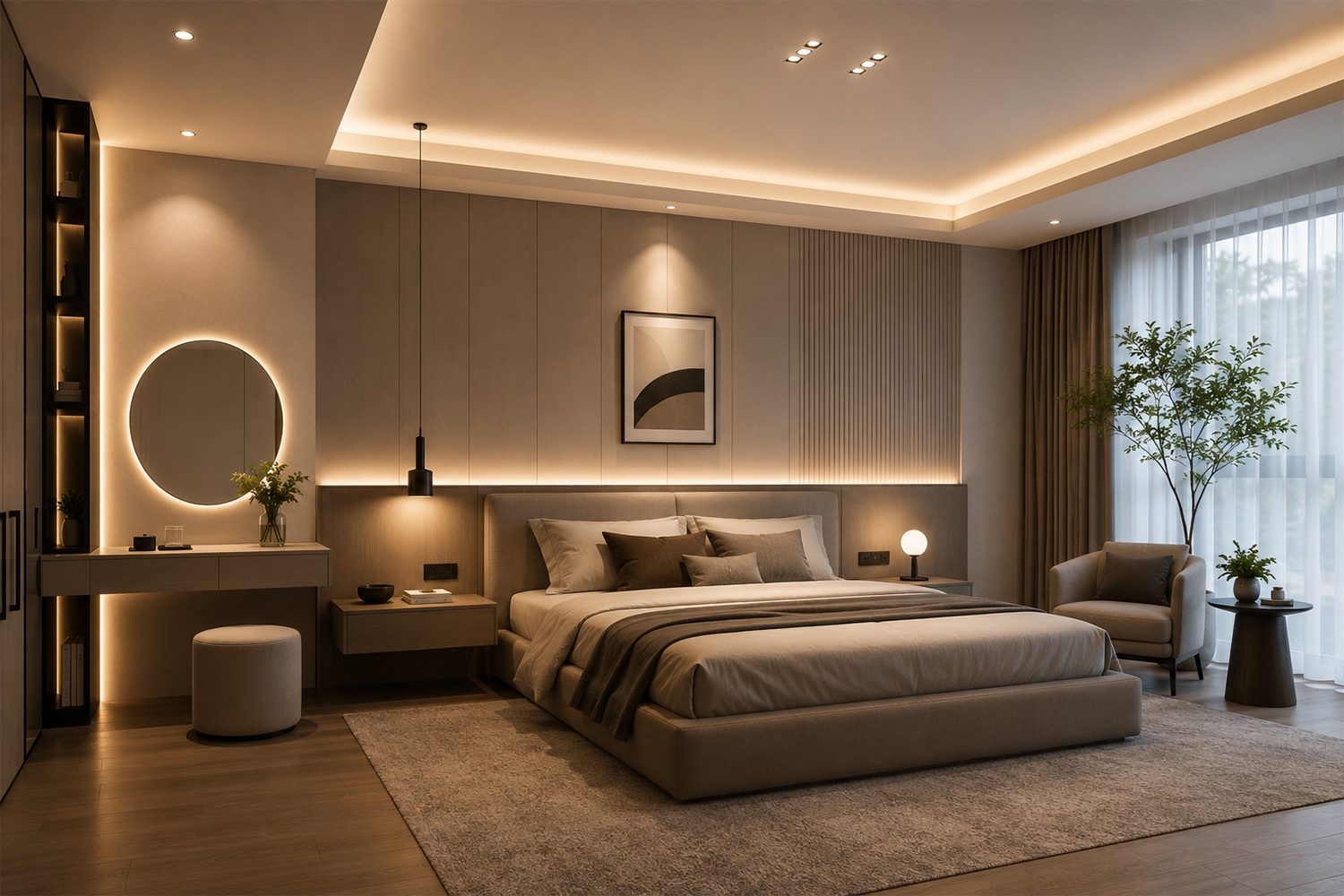 Sử dụng ánh sáng theo lớp giúp không gian phòng ngủ có chiều sâu hơn