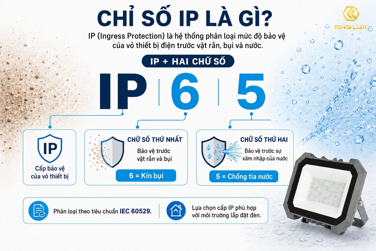 Chỉ số IP cho biết mức độ bảo vệ của vỏ thiết bị trước vật rắn và nước, giúp chọn đèn phù hợp với môi trường