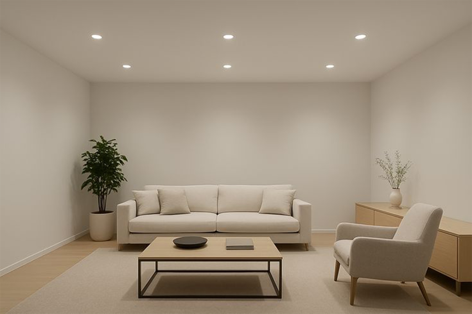 Đèn downlight tán quang được lắp đặt trong phòng khách giúp không gian gọn gàng, hiện đại