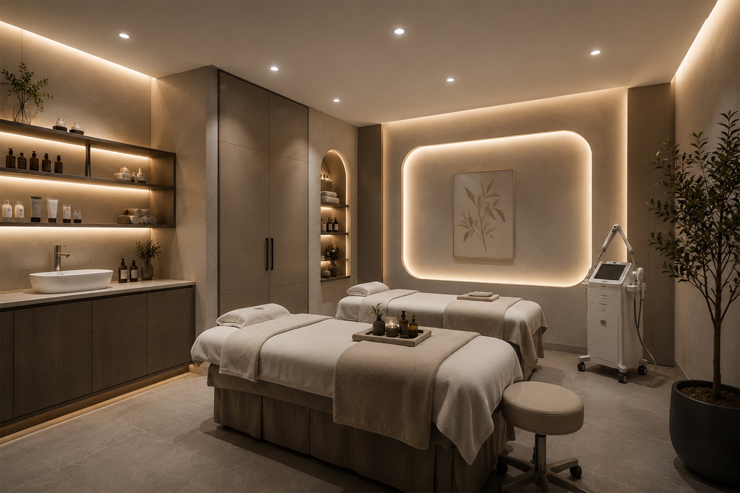 Sử dụng LED dây kết hợp với downlight sẽ tạo không gian spa có chiều sâu, thư giãn hơn
