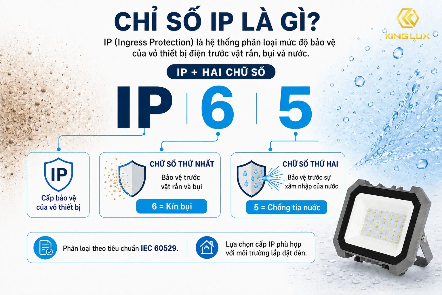 Chỉ số IP cho biết mức độ bảo vệ của vỏ thiết bị điện trước vật rắn, bui và nước